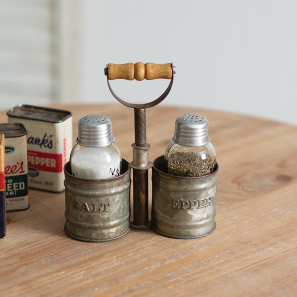 Galvanized Salt and Pepper Caddy with Wood Handle