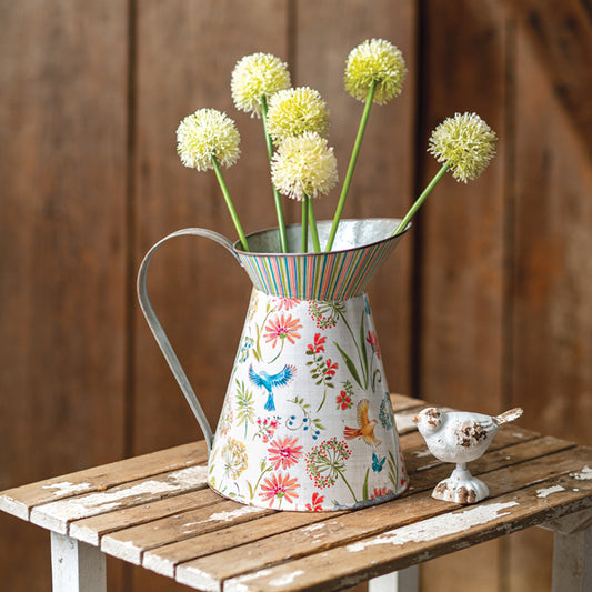 Tall Metal Pitcher with Floral Design