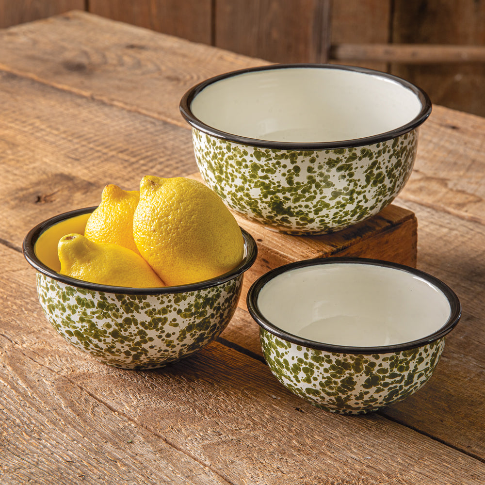 Set of Three Green Speckled Bowls