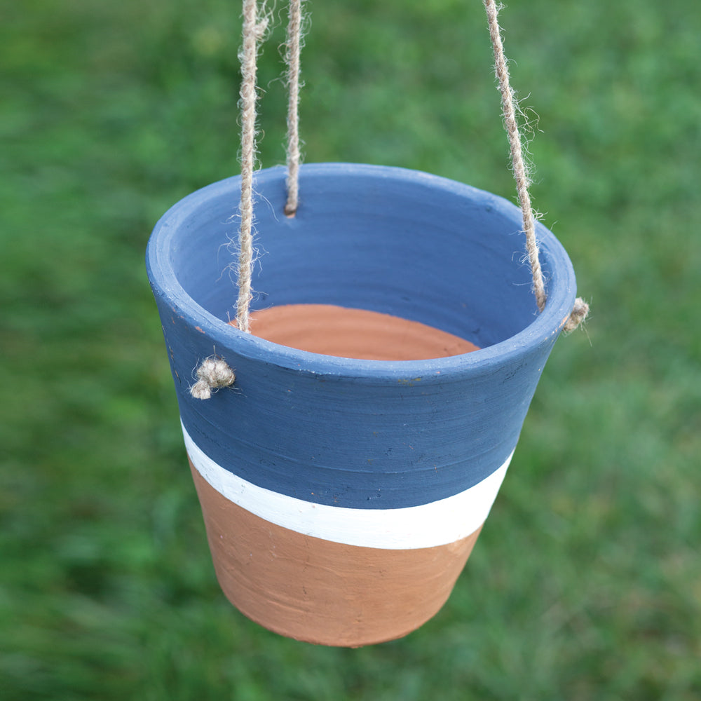 Color Blocked Hanging Terra Cotta Pot - Navy