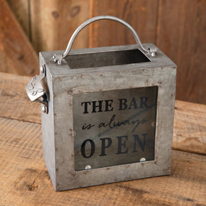 The Bar Is Always Open Galvanized Bottle Opener Bin