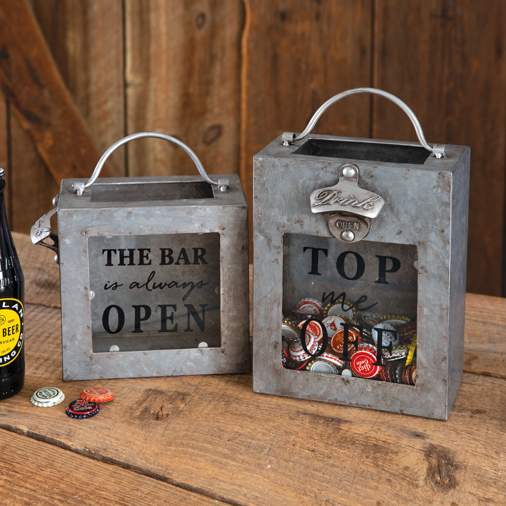 The Bar Is Always Open Galvanized Bottle Opener Bin