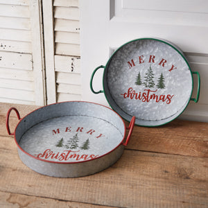 Set of Two Galvanized Merry Christmas Trays